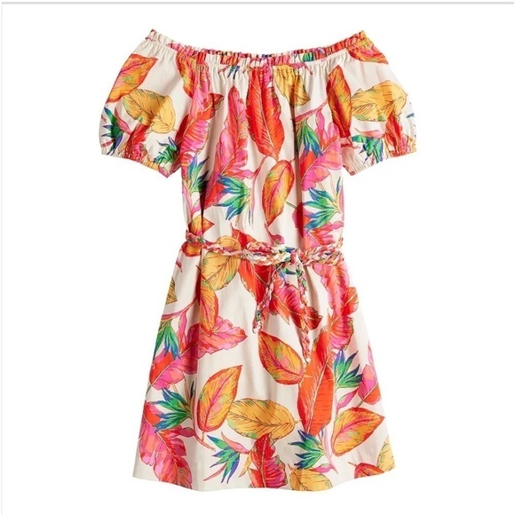 Nine West Off Shoulder Short Puff Sleeve Belted Tropical Floral Print Dress M - Picture 2 of 12